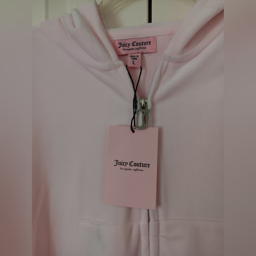 Juicy Couture Light Pink Soft Glow Bling Logo Velour Hoodie Size L. NWT! - Picture 5 of 9
